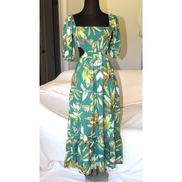 O.P.T Jungle Cut Out Midi Dress Linen Blend Puff Sleeves Hawaiian Floral Size M? - Picture 7 of 11
